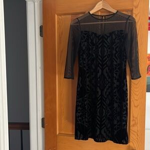 Women’s black retro pattern dress.  Mesh on top along bust.  Polyeste/velvet